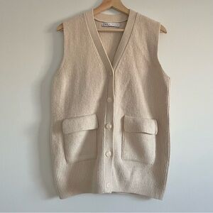 Zara Off-White Cream Ribbed Knit Vest Cardigan Minimalist Size M Pockets Neutral